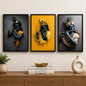 Modern Krishna Wall Art Set of 3 Premium Framed Wall Decor