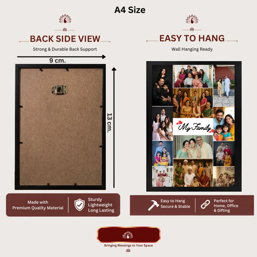 A4 family photo collage frame back side view with hanging hardware