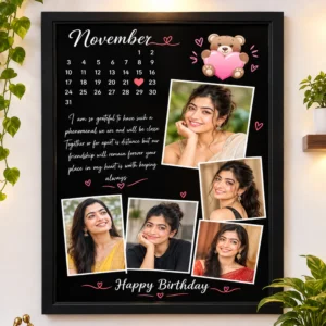 Personalized birthday calendar photo frame with custom message and polaroid photos