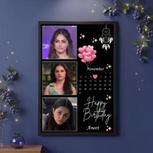 Personalized birthday calendar photo frame with dreamcatcher design hanging on wall