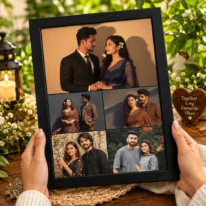 Personalized couple photo collage frame with 5 photos in grid layout