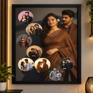 Personalized couple photo frame with 8 circular photos - A4 black collage frame