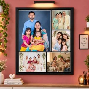 Personalized family photo collage frame with 5 photos displayed on wall