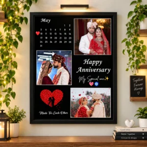Personalized happy anniversary calendar photo frame with wedding photos and heart design