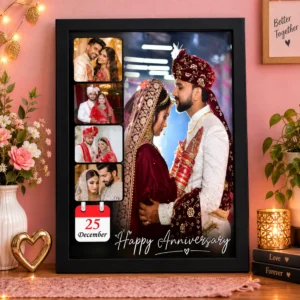 Personalized happy anniversary photo frame with couple photos and calendar date