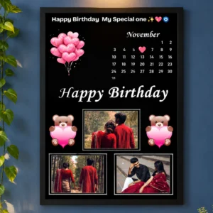 Personalized happy birthday calendar photo frame with teddy bear and heart design