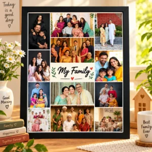 Personalized My Family photo collage frame with 12 photos - A4 black wall frame