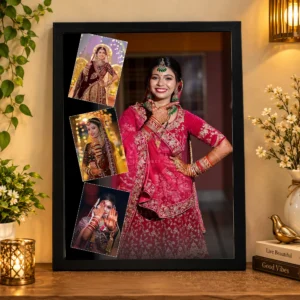 Personalized photo frame with overlapping polaroid style bridal photo collage