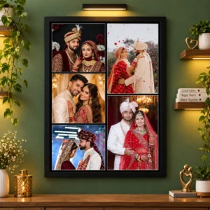 Personalized wedding photo collage frame with 5 photos displayed on wall