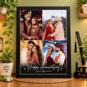 Personalized anniversary photo collage frame with 4 couple photos and a Happy Anniversary caption in a black A4 frame