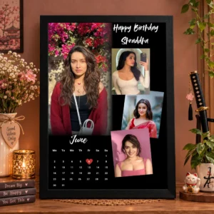 Personalized birthday calendar photo frame with 4 photos, a Happy Birthday name greeting, and a highlighted date in a black A4 frame