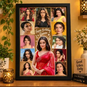 Personalized birthday photo collage frame with 12 photos and a cutout center portrait in a black A4 frame