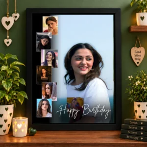 Personalized birthday photo frame with 1 large hero photo, 6 small photos and a Happy Birthday greeting in a black A4 frame