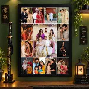 Personalized family photo collage frame with 13 photos and a large center photo in a black A4 frame