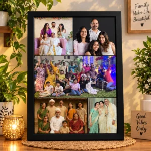Personalized family photo collage frame with 5 photos in a black A4 frame displayed on a shelf