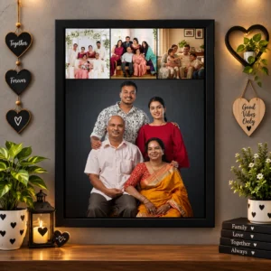 Personalized family photo frame with 1 large portrait and 3 small photos in a black A4 frame