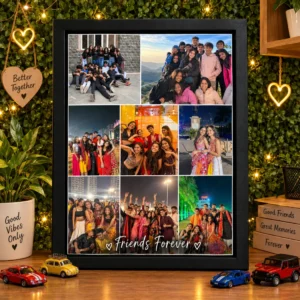Personalized friends photo collage frame with 8 group photos and a Friends Forever caption in a black A4 frame