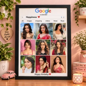 Personalized search bar style photo collage frame with 9 photos, custom text and date in a black A4 frame